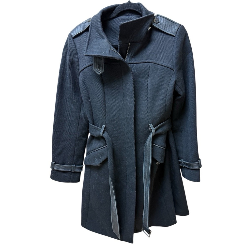 Cole Haan black wool blend trench coat with leather trim detailing. Sz 8